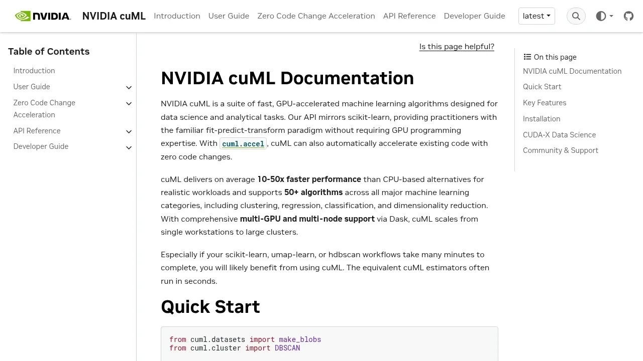 Screenshot of NVIDIA cuML website